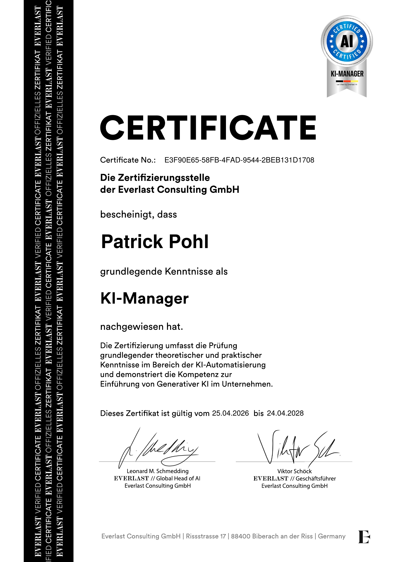 KI-Manager Zertifikat - Everlast Consulting GmbH